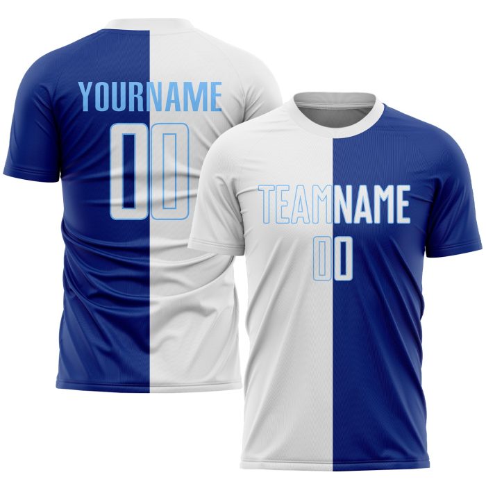 Custom Sublimation Soccer Jersey Royal White Light Blue Split Fashion Design Custom Royal White-Light Blue Sublimation Split - Image 1
