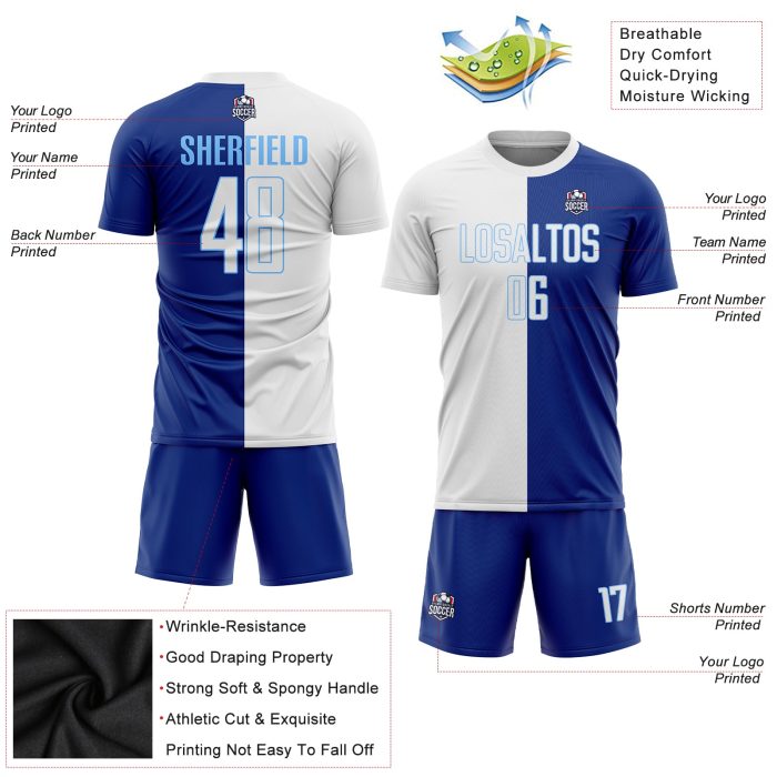 Custom Sublimation Soccer Jersey Royal White Light Blue Split Fashion Design Custom Royal White-Light Blue Sublimation Split - Image 3