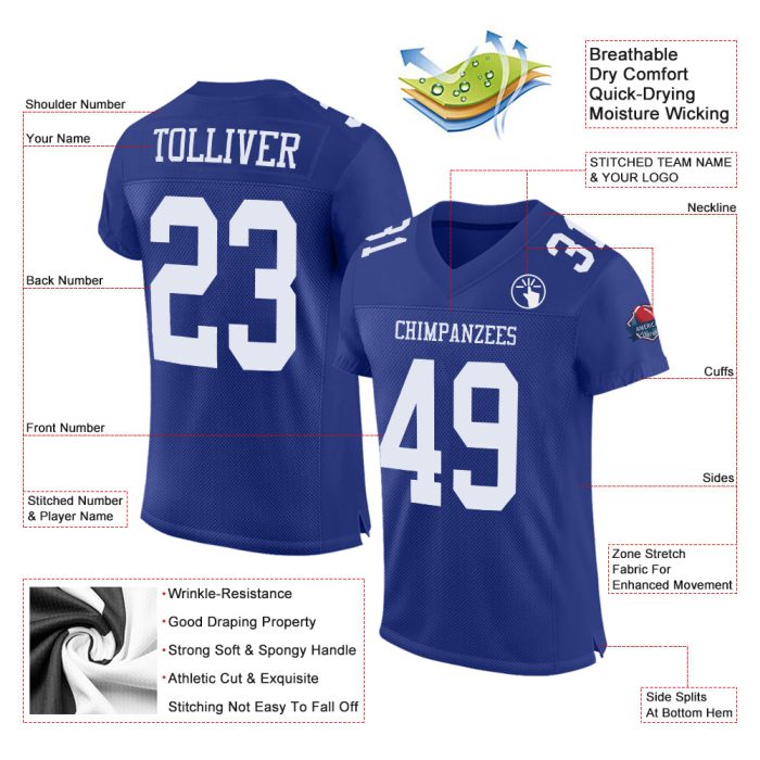 Custom Football Jersey - Authentic Royal White Mesh Design Custom Royal White Mesh Authentic Football Jersey - Image 2