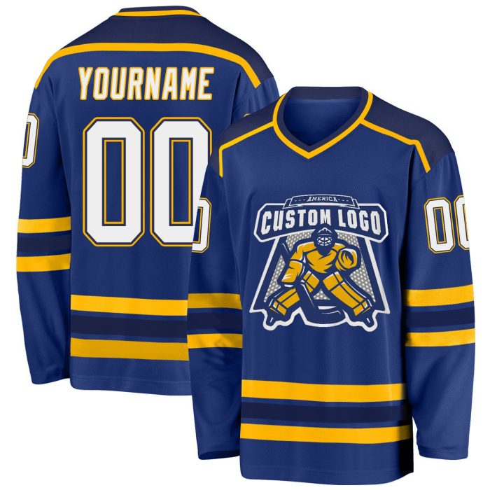 Custom Royal Navy Gold Hockey Jersey - Personalized Design for Teams and Fans Custom Royal White Navy-Gold Hockey Jersey - Image 1