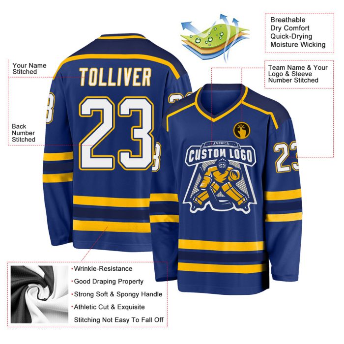 Custom Royal Navy Gold Hockey Jersey - Personalized Design for Teams and Fans Custom Royal White Navy-Gold Hockey Jersey - Image 3
