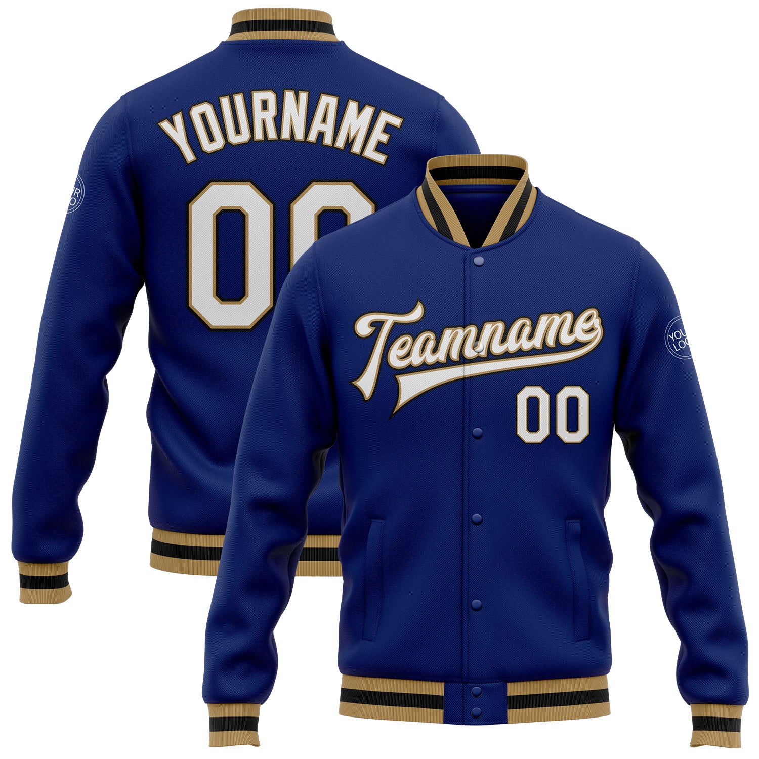 Custom Royal White Old Gold Black Varsity Bomber Full-Snap Letterman Jacket Custom Royal White Old Gold-Black Bomber Full-Snap