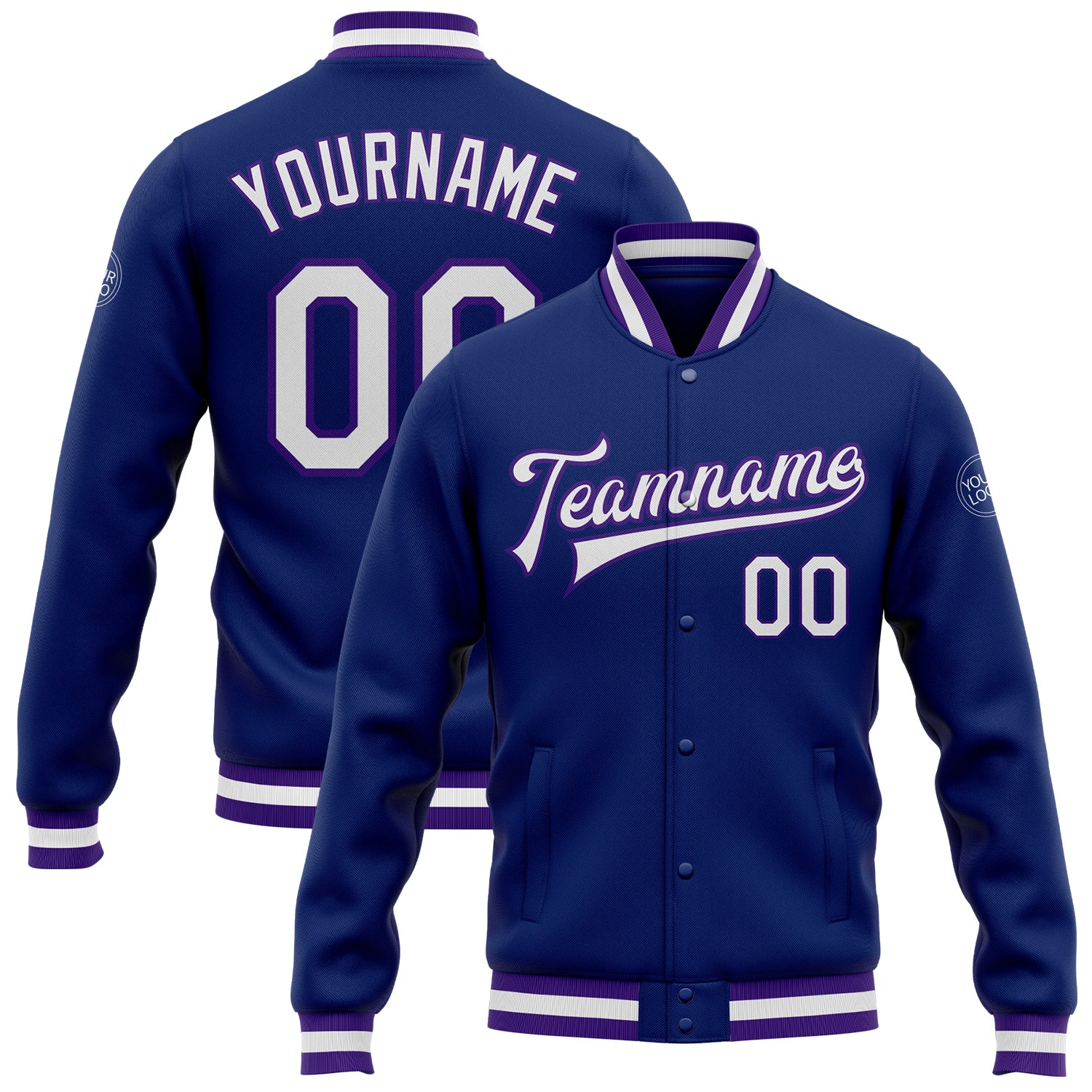 Custom Varsity Letterman Jacket - Royal White Purple Full-Snap Bomber Design Custom Royal White-Purple Bomber Full-Snap Varsity