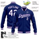Custom Varsity Letterman Jacket - Royal White Purple Full-Snap Bomber Design Custom Royal White-Purple Bomber Full-Snap Varsity - Image 3
