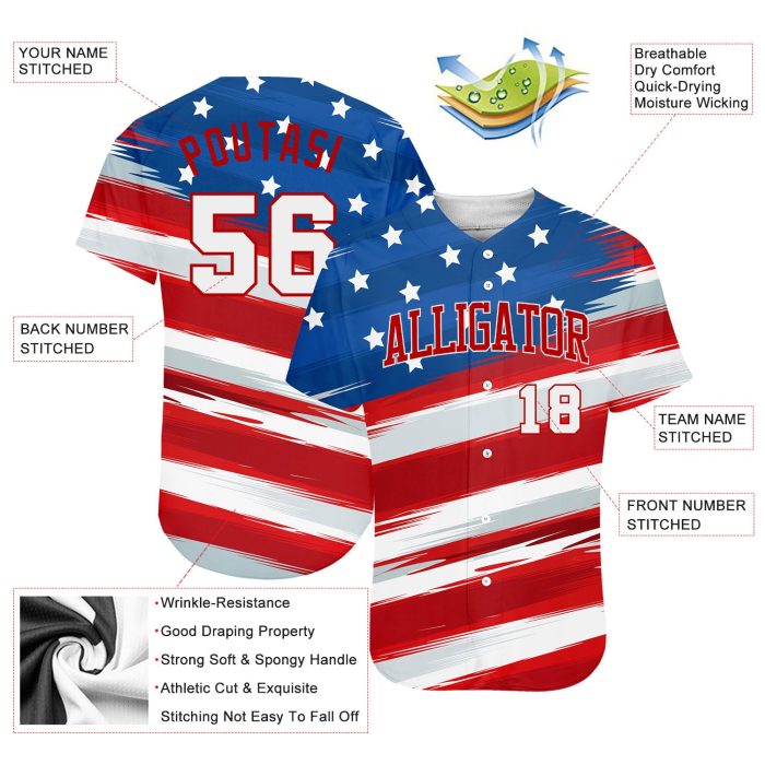 3D American Flag Baseball Jersey - Custom Royal White-Red Design Custom Royal White-Red 3D American Flag Authentic Baseball - Image 3