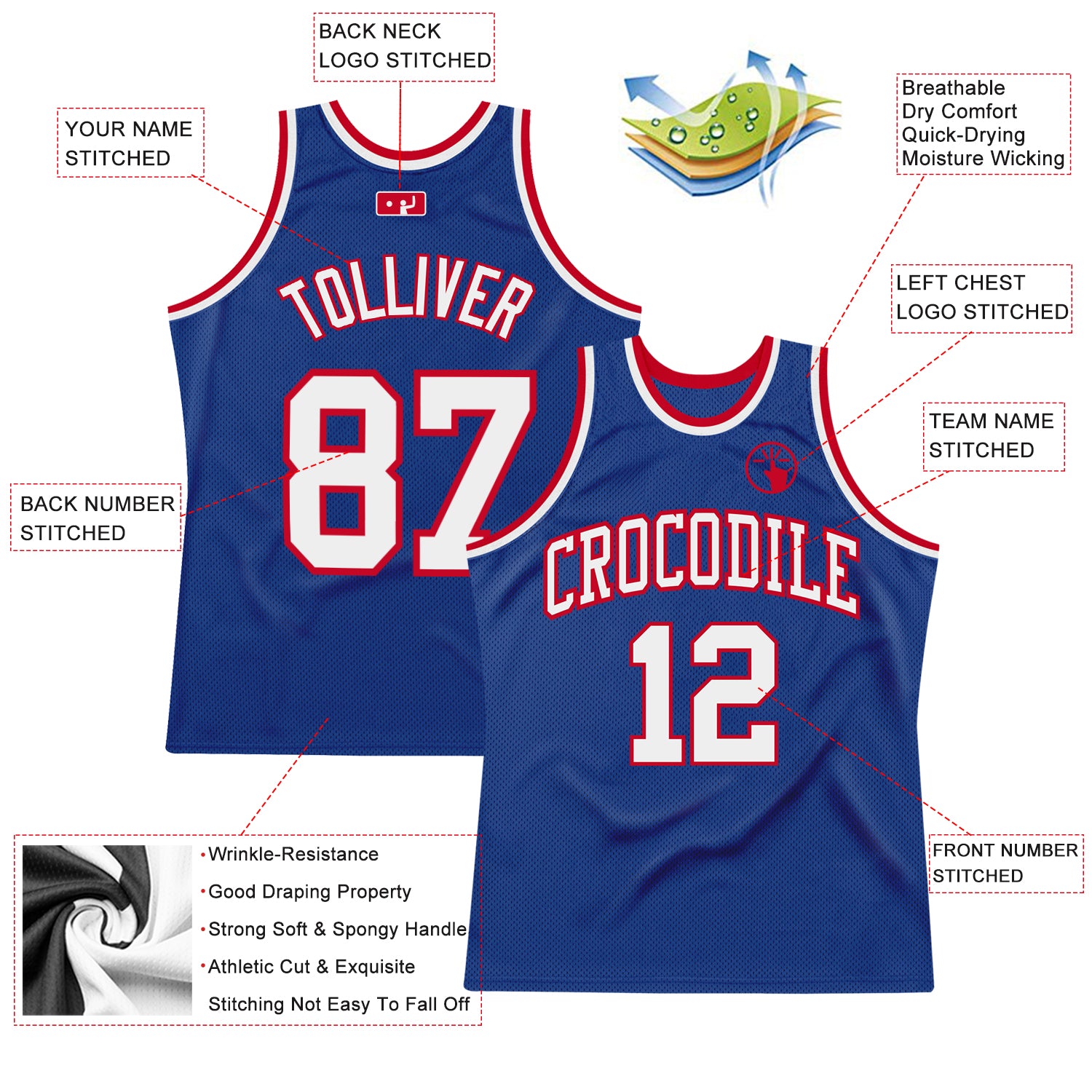 Custom Royal White-Red Authentic Throwback Basketball Jersey Custom White-Red Authentic Basketball Jersey - Personalized Throwback Style Custom Royal White-Red Authentic Throwback Basketball - Image 2