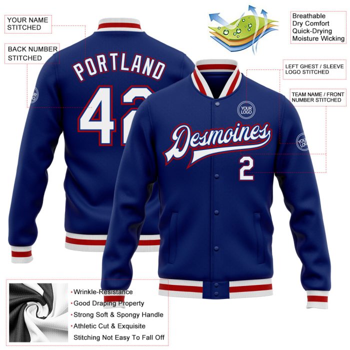 Custom Royal White Red Varsity Letterman Jacket Full-Snap Bomber for Men Custom Royal White-Red Bomber Full-Snap Varsity - Image 3