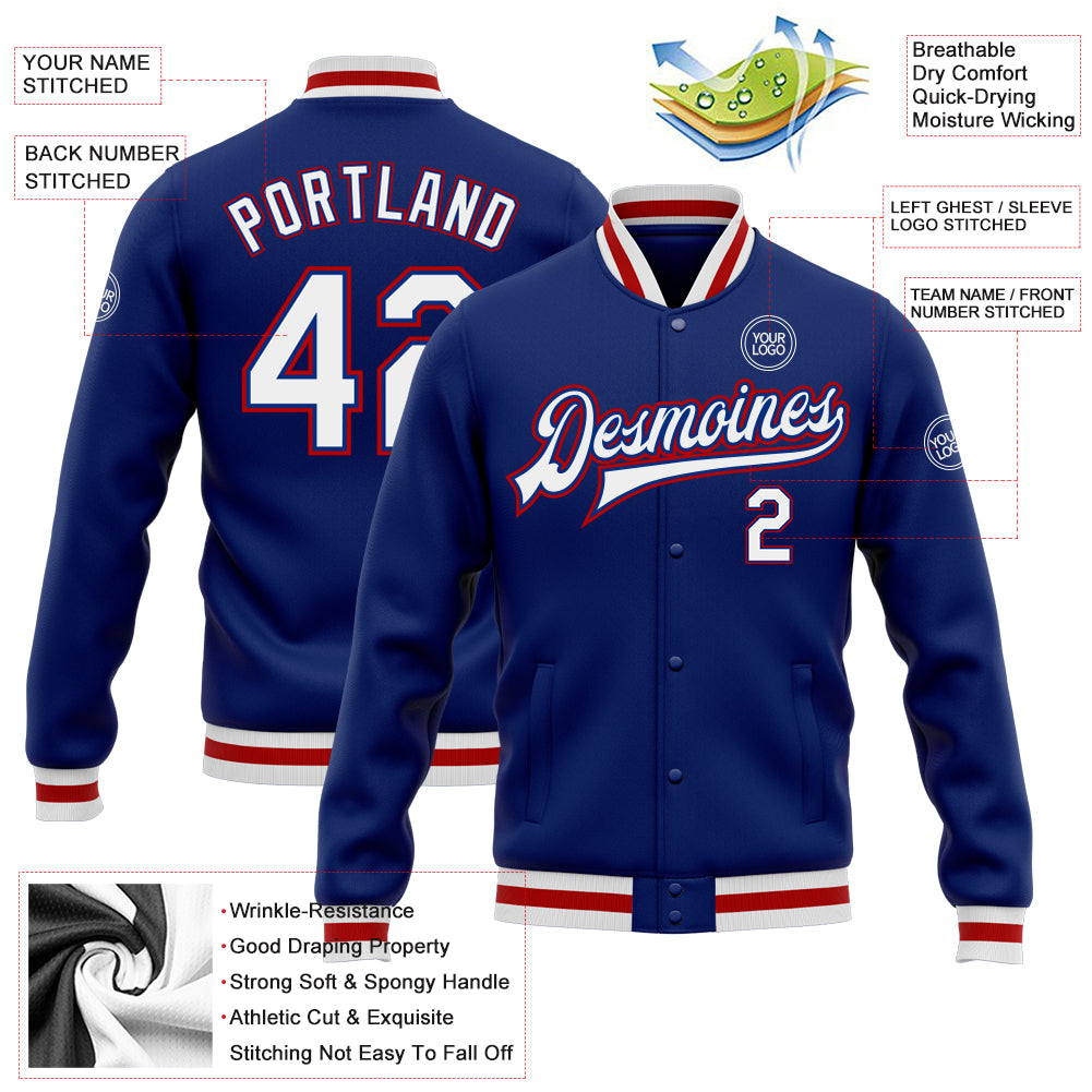 Custom Royal White-Red Bomber Full-Snap Varsity Letterman Jacket Custom Royal White Red Varsity Letterman Jacket Full-Snap Bomber for Men Custom Royal White-Red Bomber Full-Snap Varsity - Image 3