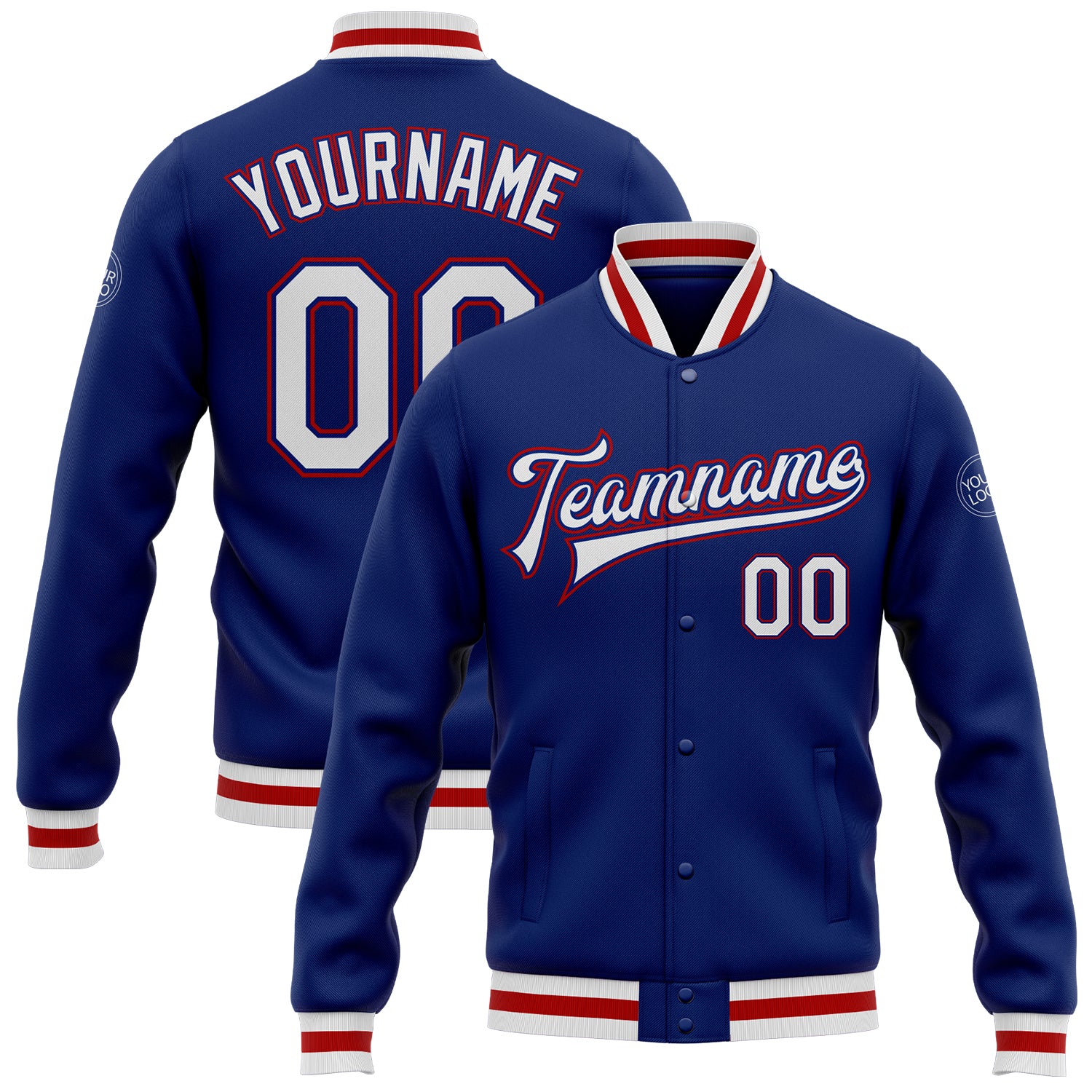 Custom Royal White-Red Bomber Full-Snap Varsity Letterman Jacket Custom Royal White Red Varsity Letterman Jacket Full-Snap Bomber for Men Custom Royal White-Red Bomber Full-Snap Varsity - Image 1