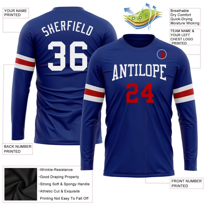 Custom Long Sleeve Performance T-Shirt in Royal White and Red Custom Royal White-Red Long Sleeve Performance T-Shirt - Image 3