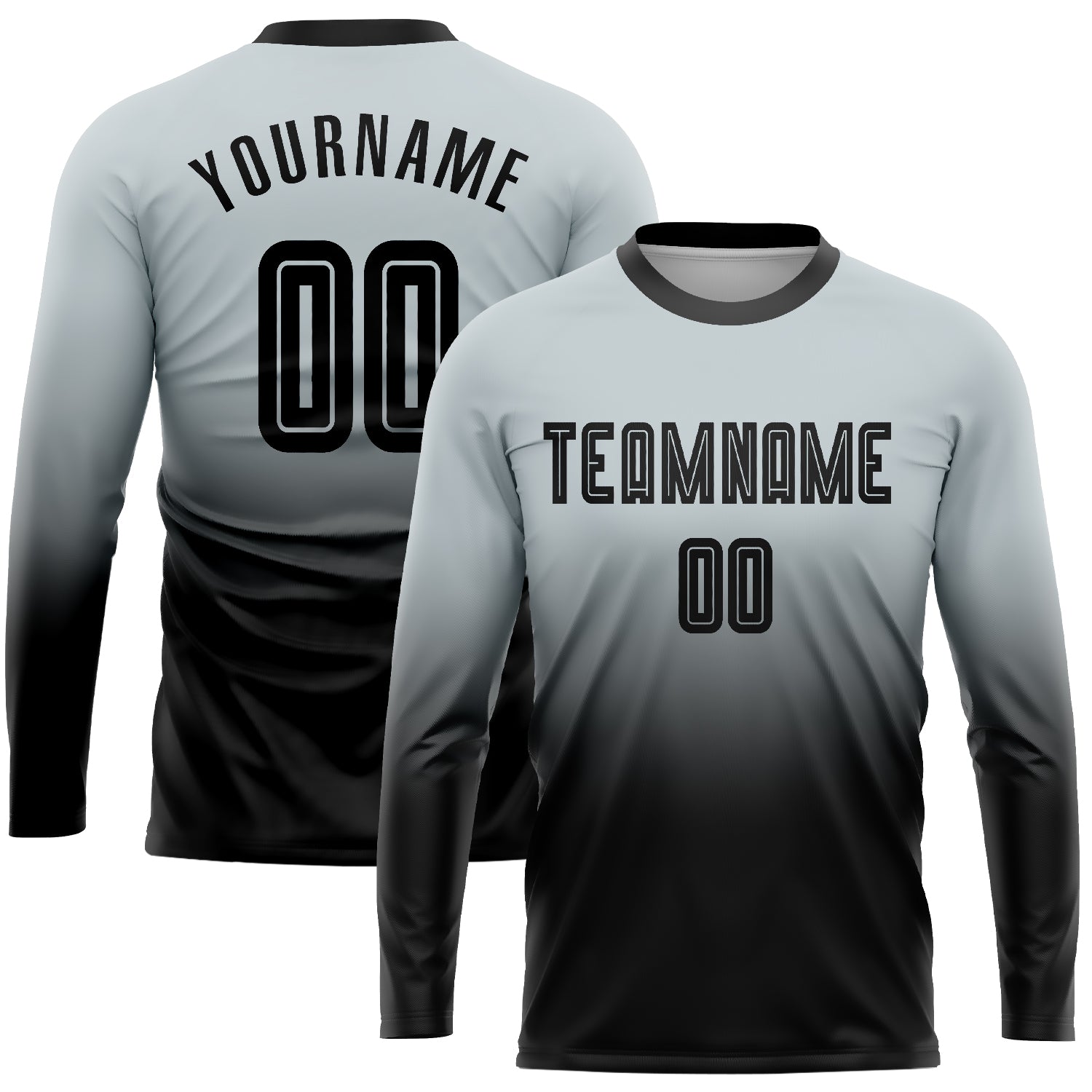 Custom Silver Black Sublimation Soccer Jersey - Long Sleeve Fade Fashion Uniform Custom Silver Black Sublimation Long Sleeve