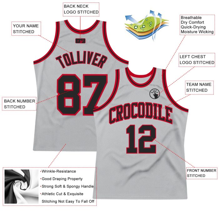 Custom Authentic Basketball Jersey in Silver Gray Black Red - Throwback Style Custom Silver Gray Black-Red Authentic Throwback - Image 2