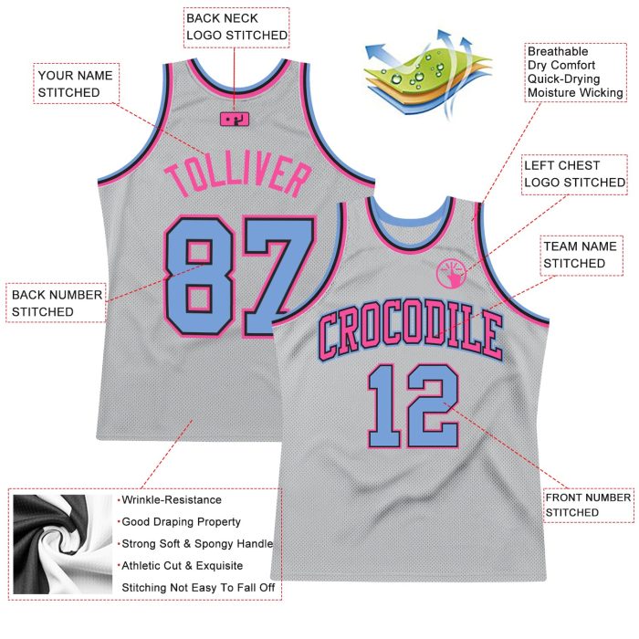 Custom Authentic Throwback Basketball Jersey in Silver Gray Light Blue Pink Custom Silver Gray Light Blue-Pink Authentic - Image 2