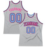 Custom Authentic Throwback Basketball Jersey in Silver Gray Light Blue Pink Custom Silver Gray Light Blue-Pink Authentic