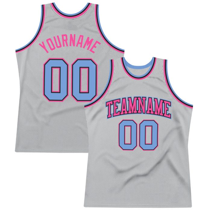 Custom Authentic Throwback Basketball Jersey in Silver Gray Light Blue Pink Custom Silver Gray Light Blue-Pink Authentic - Image 1
