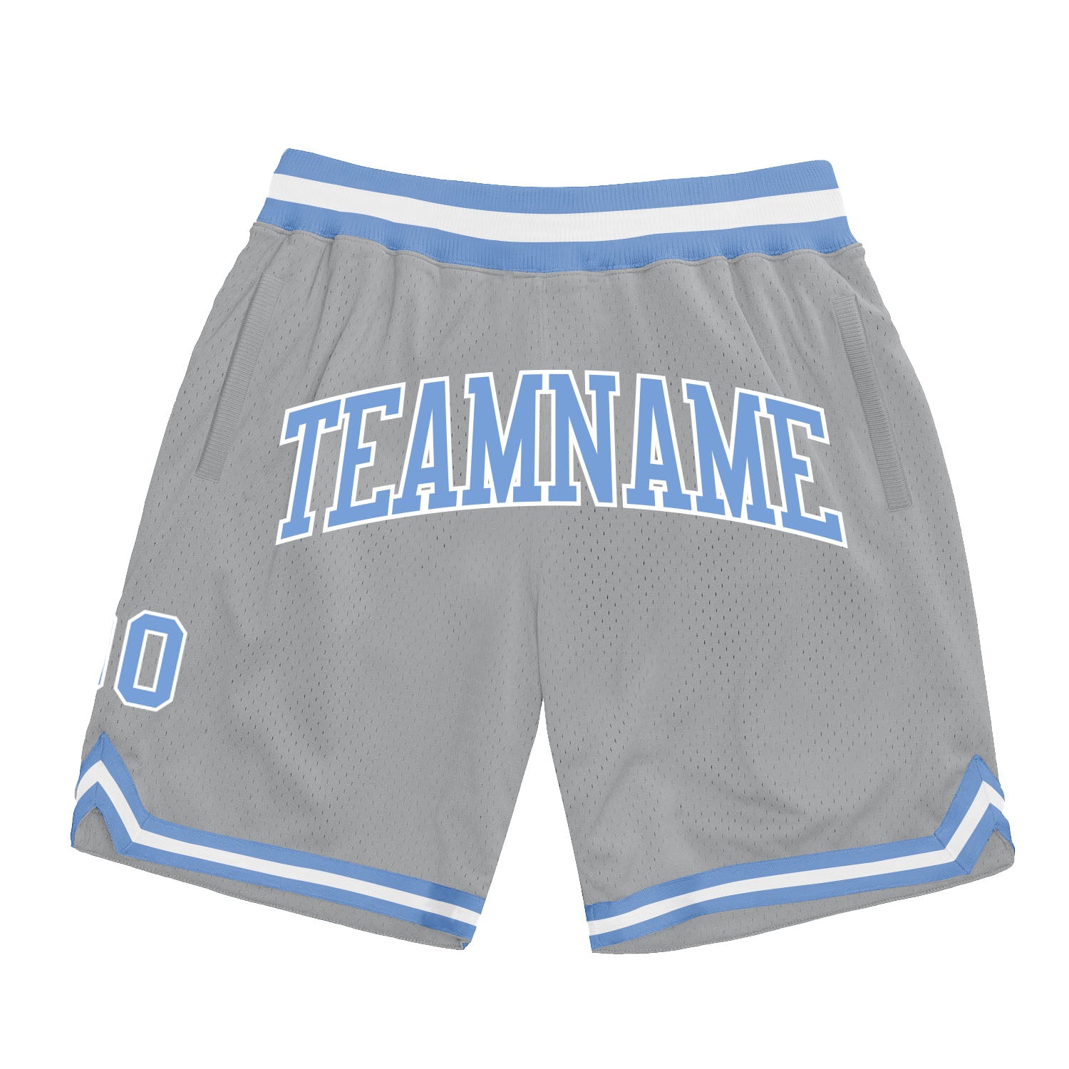 Custom Silver Gray Light Blue-White Authentic Throwback Basketball Shorts Silver Gray Light Blue White Authentic Basketball Shorts - Custom Throwback Design Custom Silver Gray Light Blue-White Authentic - Image 1