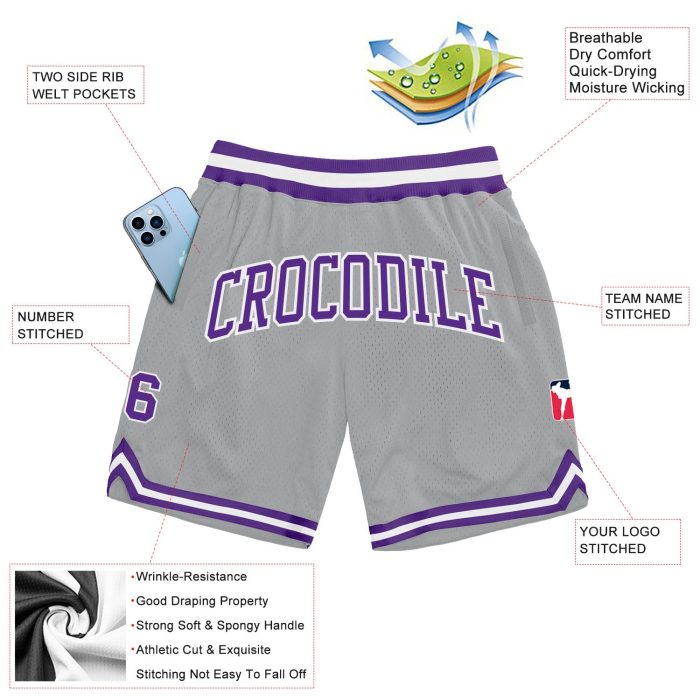 Silver Gray Purple White Authentic Throwback Basketball Shorts Custom Design Custom Silver Gray Purple-White Authentic Throwback - Image 2