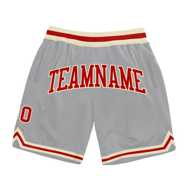 Custom Silver Gray Red Cream Basketball Shorts | Authentic Throwback Style Custom Silver Gray Red-Cream Authentic Throwback - Image 1