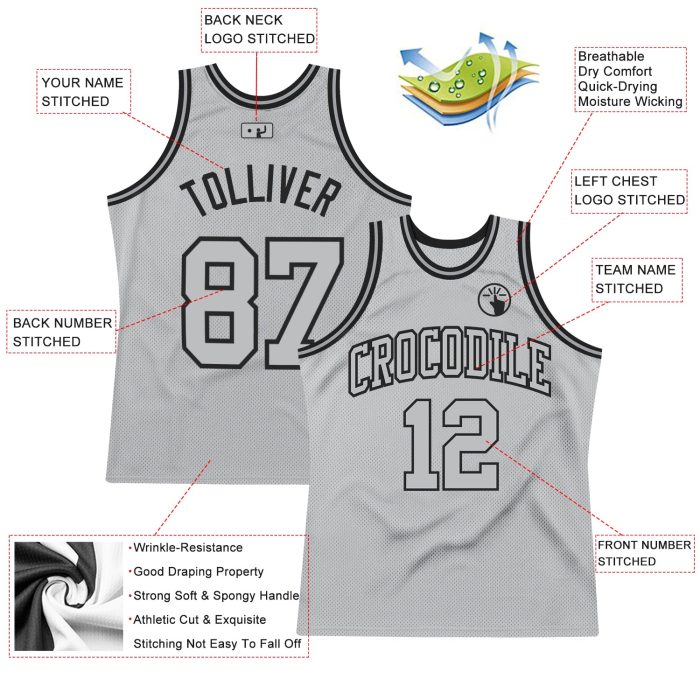 Authentic Silver Gray and Black Throwback Basketball Jersey - Custom Design Custom Silver Gray Silver Gray-Black Authentic - Image 2