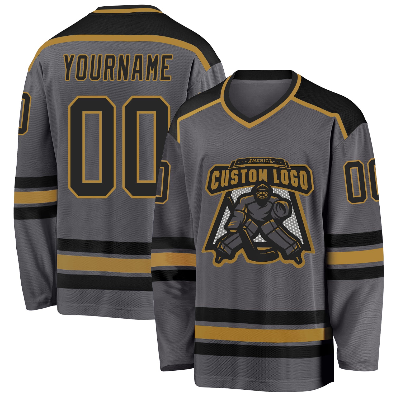 Custom Steel Gray Black Old Gold Hockey Jersey for Men and Women Custom Steel Gray Black-Old Gold Hockey Jersey