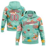 Aqua Pink-Brown 3D Tropical Christmas Santa Hoodie with Reindeers and Flamingos | Custom Stitched Sports Pullover Sweatshirt