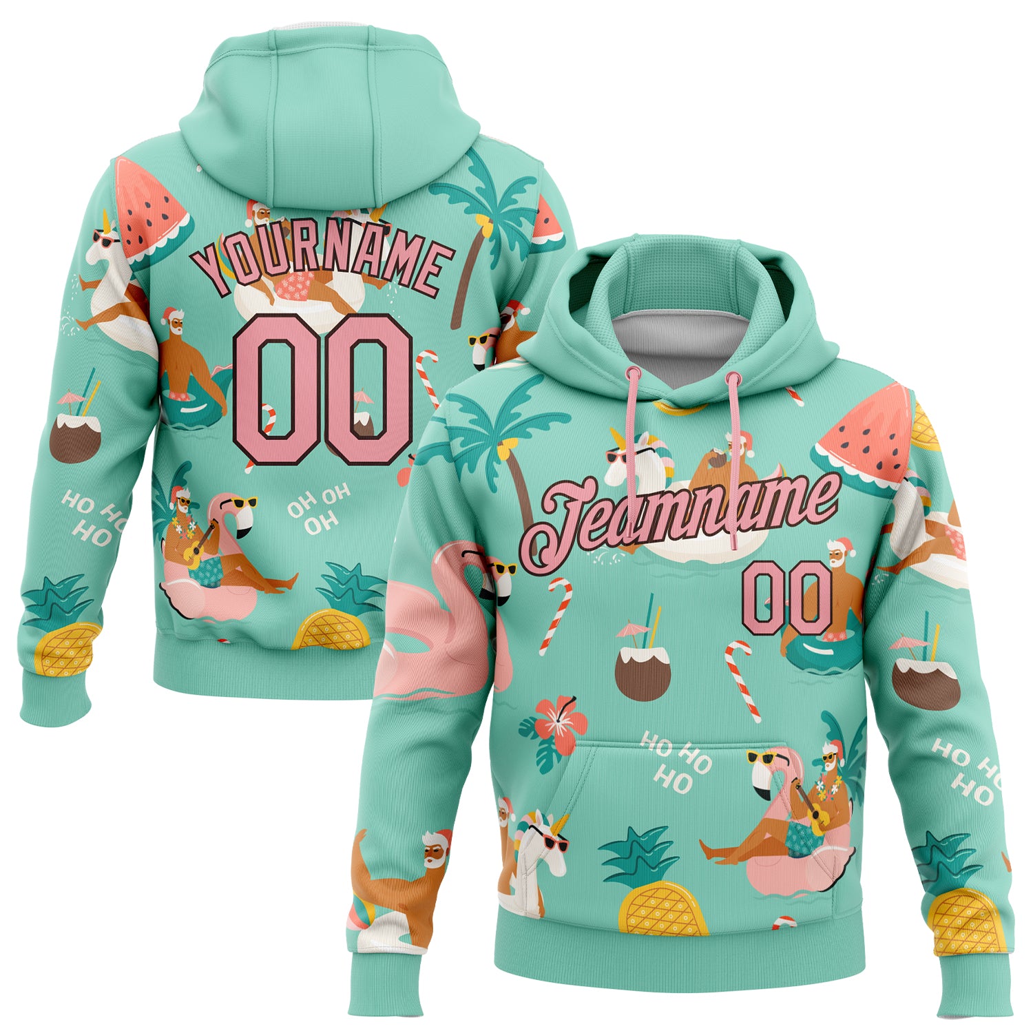 Aqua Pink-Brown 3D Tropical Christmas Santa Hoodie with Reindeers and Flamingos | Custom Stitched Sports Pullover Sweatshirt