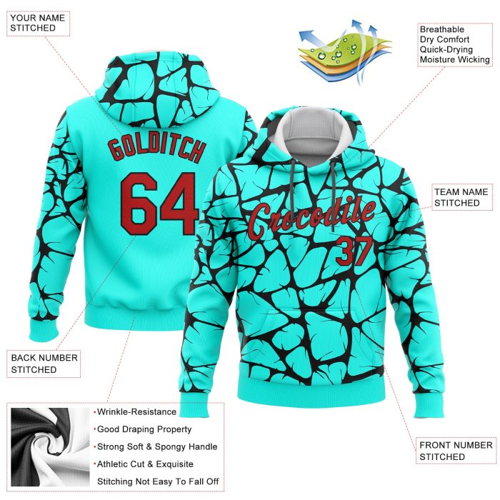 Aqua Red Black 3D Pattern Hoodie Custom Stitched Sports Pullover Sweatshirt Custom Stitched Aqua Red-Black 3D Pattern Design - Image 2