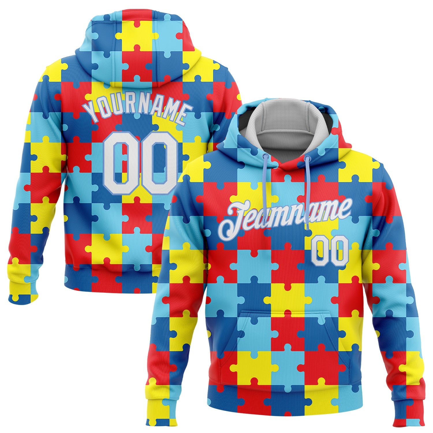 Custom Stitched Autism Awareness Puzzle Pieces White-Light Blue 3D Pattern Design Sports Pullover Sweatshirt Hoodie Autism Awareness Custom Stitched 3D Puzzle Pieces Sweatshirt Hoodie - White-Light Blue Design Custom Stitched Autism Awareness - Image 1