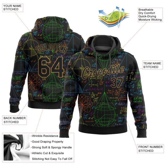 Custom Stitched 3D Pattern Black Gold Math Sports Hoodie Pullover Sweatshirt Custom Stitched Black Black-Old Gold 3D Pattern - Image 2