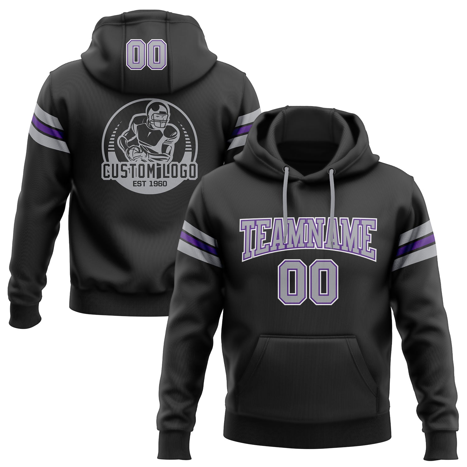 Custom Stitched Black Gray Purple Hoodie Sweatshirt for Football Enthusiasts Custom Stitched Black Gray-Purple Football Pullover