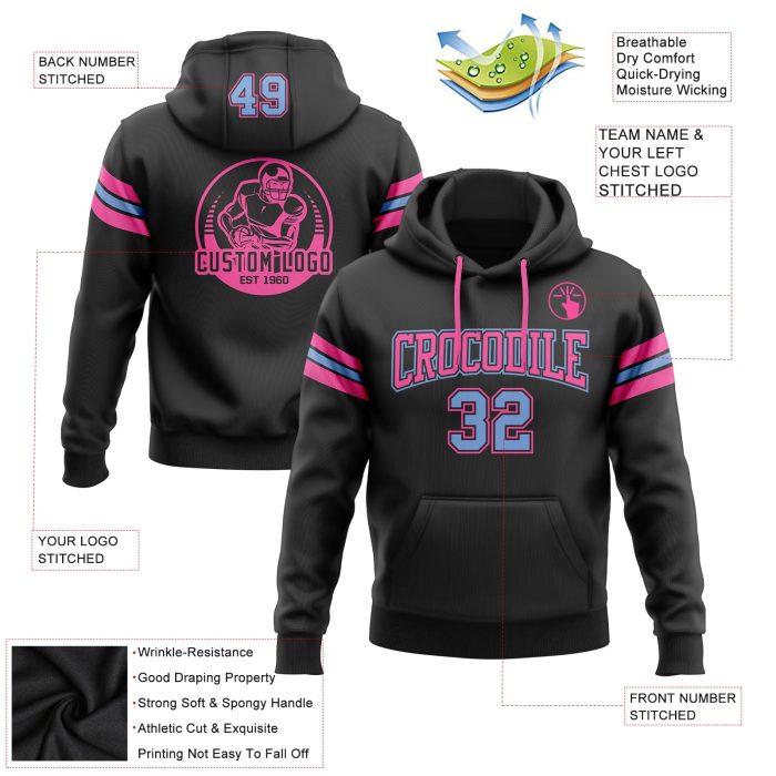 Black Light Blue-Pink Custom Stitched Hoodie Sweatshirt Pullover for Football Custom Stitched Black Light Blue-Pink Football - Image 2
