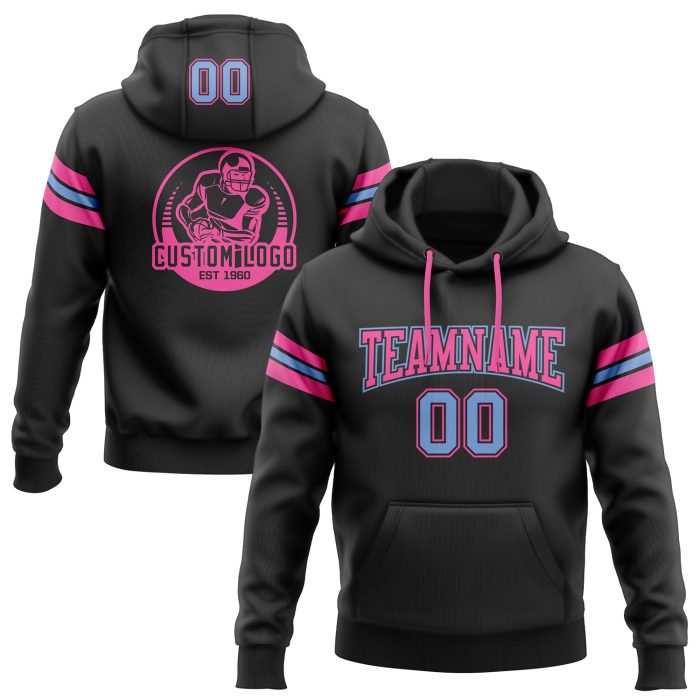Black Light Blue-Pink Custom Stitched Hoodie Sweatshirt Pullover for Football Custom Stitched Black Light Blue-Pink Football - Image 1