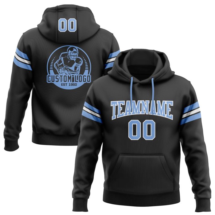 Custom Stitched Football Hoodie Black Light Blue White Pullover Sweatshirt Custom Stitched Black Light Blue-White Football - Image 1