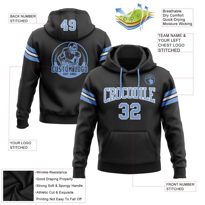 Custom Stitched Football Hoodie Black Light Blue White Pullover Sweatshirt Custom Stitched Black Light Blue-White Football - Image 2