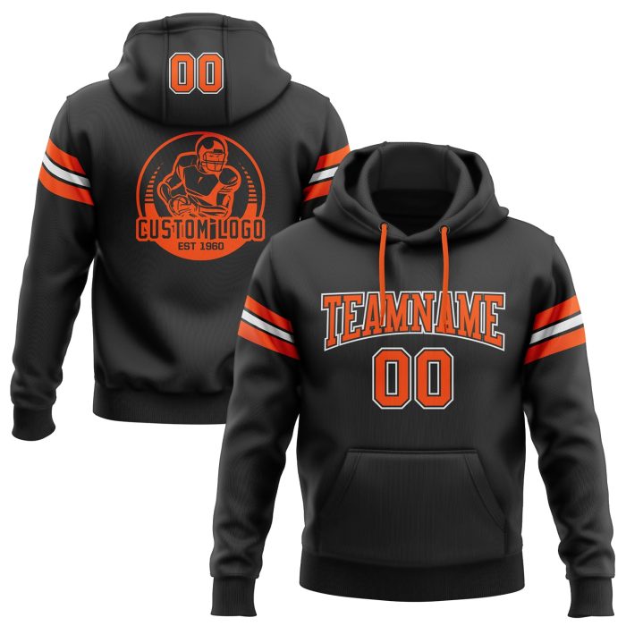 Custom Stitched Football Hoodie Sweatshirt - Black Orange White Pullover Custom Stitched Black Orange-White Football Pullover - Image 1