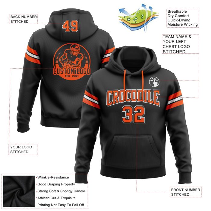 Custom Stitched Football Hoodie Sweatshirt - Black Orange White Pullover Custom Stitched Black Orange-White Football Pullover - Image 2