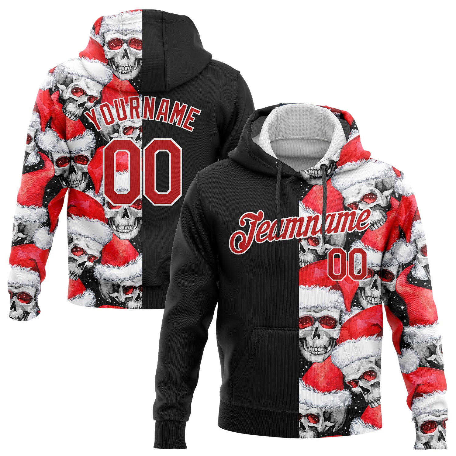 3D Skull Design Black Red-White Pullover Hoodie with Christmas Santa Hat - Custom Stitched Sports Sweatshirt Custom Stitched