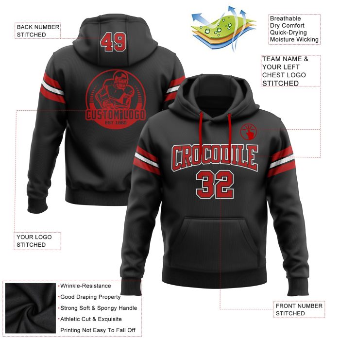 Custom Stitched Black Red White Football Hoodie Sweatshirt Pullover for Men Custom Stitched Black Red-White Football Pullover - Image 2