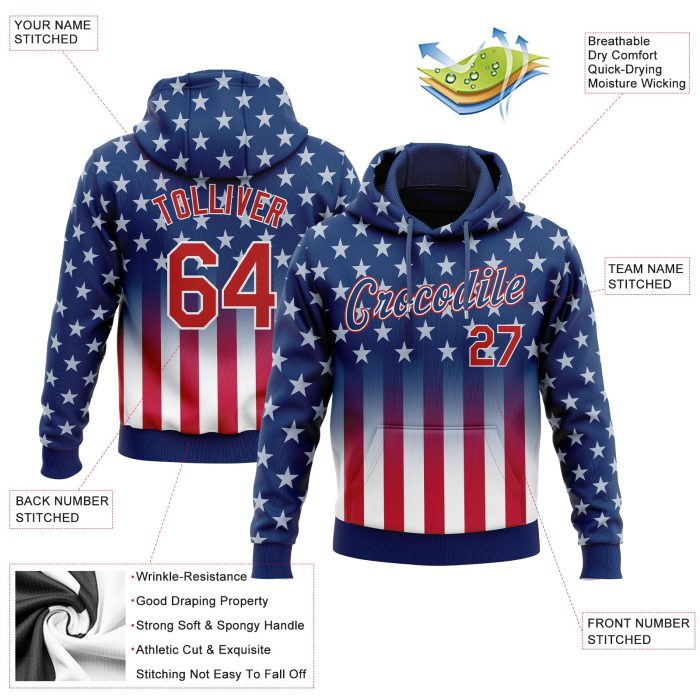 3D American Flag Sweatshirt Hoodie, Custom Stitched Blue Red-White Pullover Fashion for Sports and Activewear Custom Stitched - Image 2
