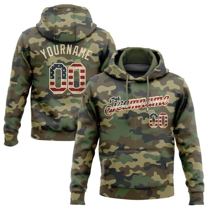 Camo Vintage USA Flag Pullover Sweatshirt Hoodie for Salute to Service - Custom Stitched Cream Sports Style Custom Stitched - Image 1