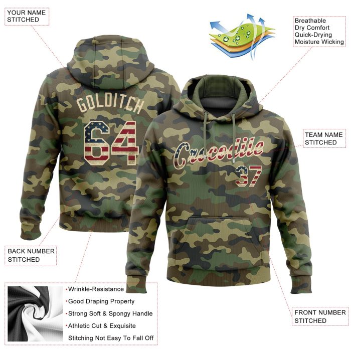 Camo Vintage USA Flag Pullover Sweatshirt Hoodie for Salute to Service - Custom Stitched Cream Sports Style Custom Stitched - Image 2