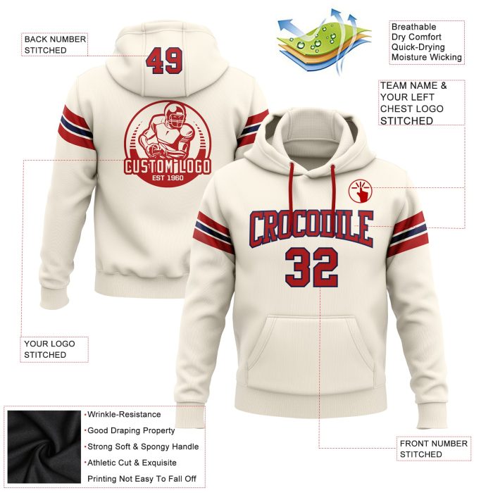 Custom Stitched Red Navy Cream Football Hoodie Pullover Sweatshirt for Men Custom Stitched Cream Red-Navy Football Pullover - Image 2