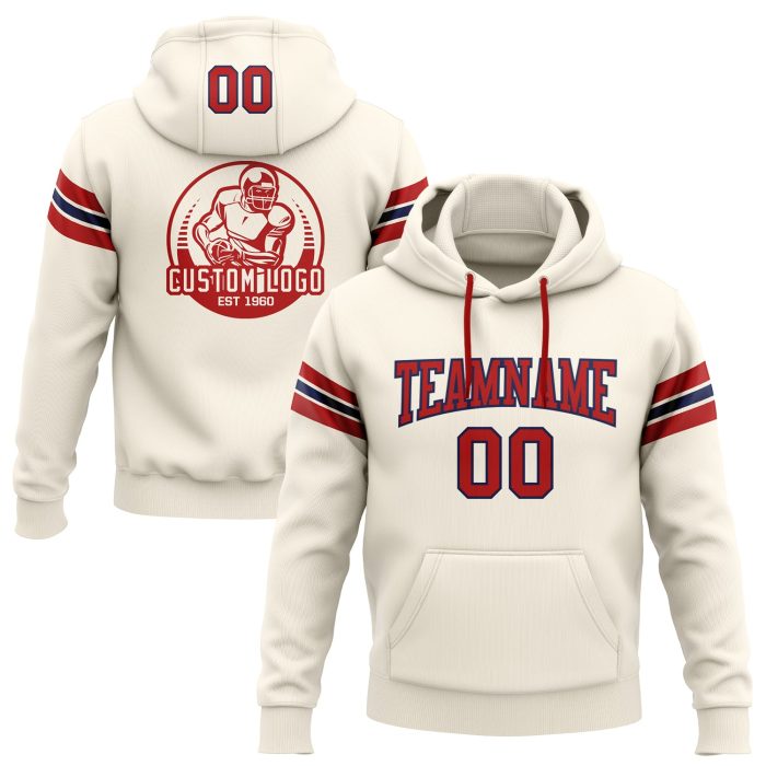 Custom Stitched Red Navy Cream Football Hoodie Pullover Sweatshirt for Men Custom Stitched Cream Red-Navy Football Pullover - Image 1