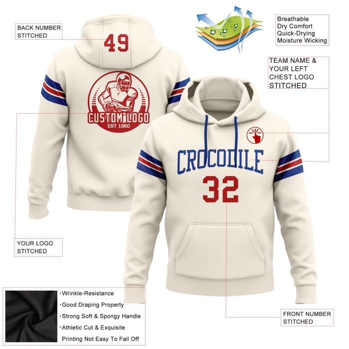 Custom Stitched Football Hoodie Sweatshirt in Cream Red-Royal - Comfortable Pullover for Sports and Casual Wear Custom Stitched - Image 2