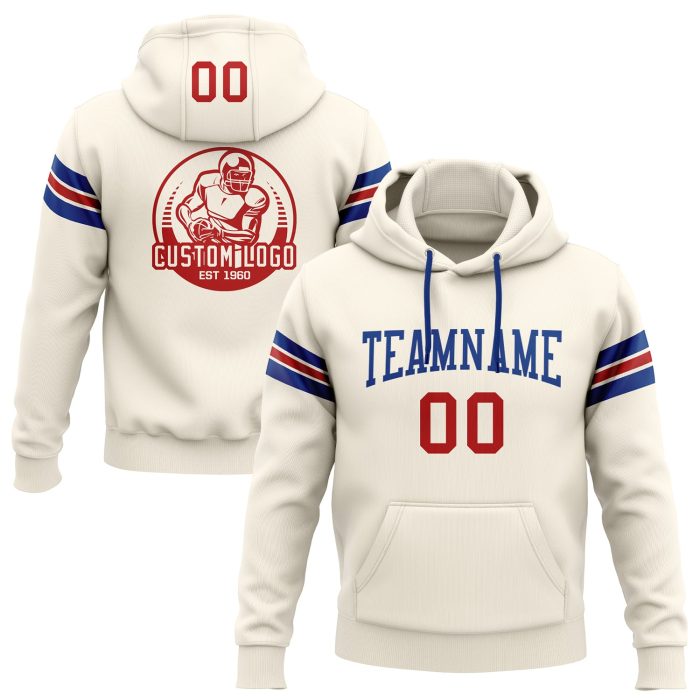 Custom Stitched Football Hoodie Sweatshirt in Cream Red-Royal - Comfortable Pullover for Sports and Casual Wear Custom Stitched - Image 1