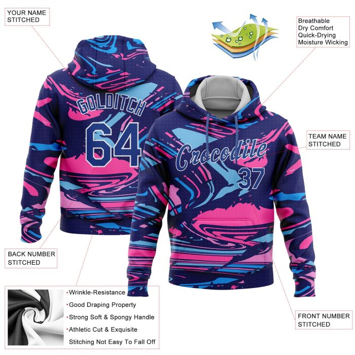 Royal Pink Light Blue-White 3D Pattern Sports Hoodie Custom Stitched Pullover Sweatshirt Custom Stitched Figure Royal Pink - Image 2