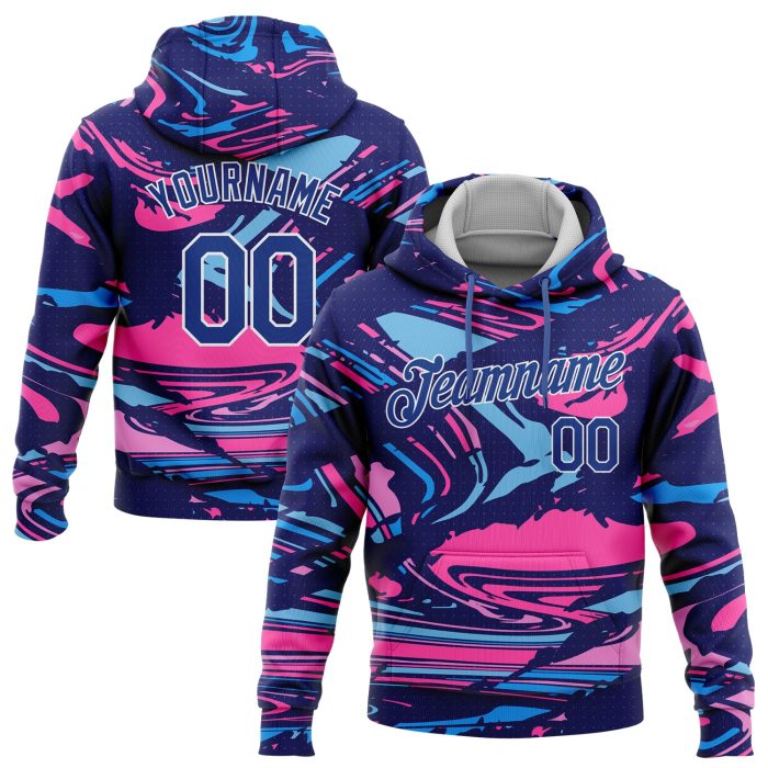 Royal Pink Light Blue-White 3D Pattern Sports Hoodie Custom Stitched Pullover Sweatshirt Custom Stitched Figure Royal Pink - Image 1