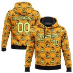 Gold Black 3D Pattern Smiling Pumpkin Halloween Hoodie Custom Stitched Pullover Sweatshirt Custom Stitched Gold Gold-Black