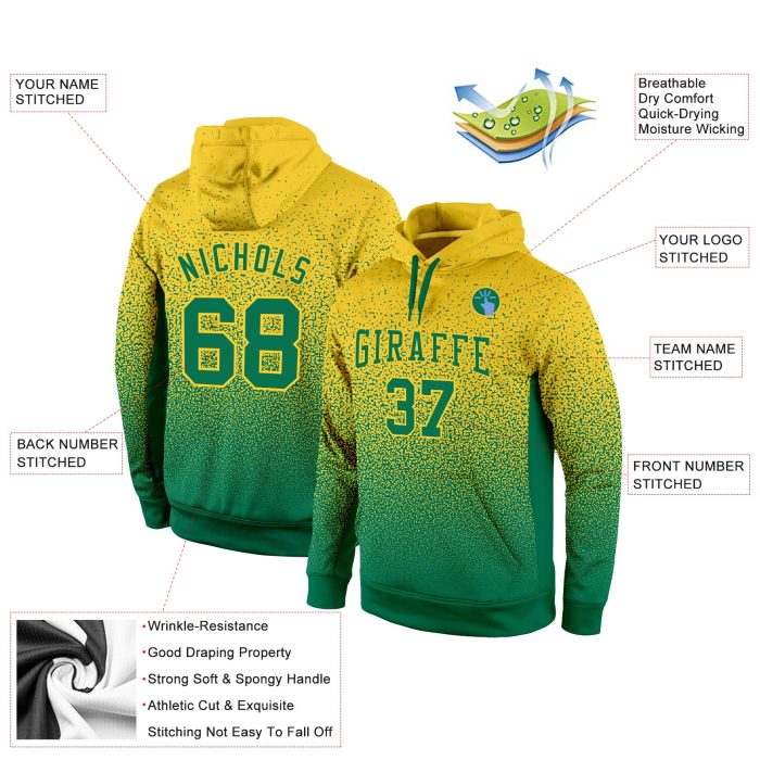 Gold Kelly Green Fade Custom Stitched Sports Hoodie Pullover Sweatshirt Custom Stitched Gold Kelly Green Fade Fashion Sports - Image 2