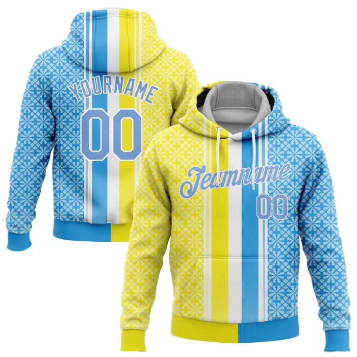 Gold Light Blue White 3D Pattern Design Custom Stitched Sports Hoodie Pullover Sweatshirt Custom Stitched Gold Light Blue-White - Image 1